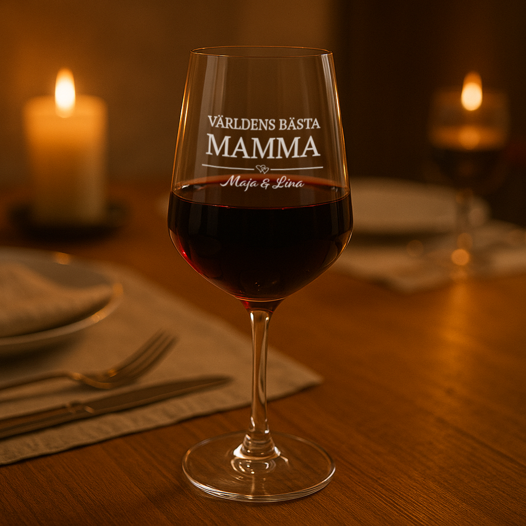 Perfekt present till mamma eller henne. Morsdag present eller julklapp. Vinglas med gravyr.